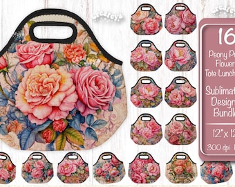 Peony Print Lunch Tote Bag Sublimation Design Bundle (Digital Download)