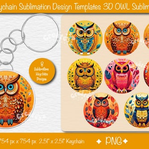 Round Keychain Sublimation Bundle PNG Sublimation 3D Owl Digital Download