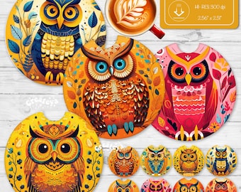 3D Owl Car Coaster Sublimation Designs: Folk Art PNG (Digital Download)