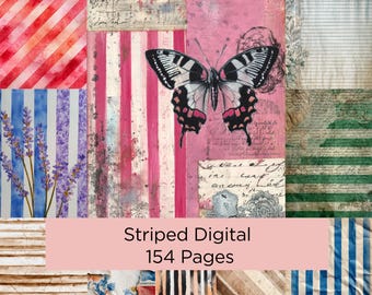 Vintage Striped Digital Paper Pack, Distressed Textures (154 JPG)