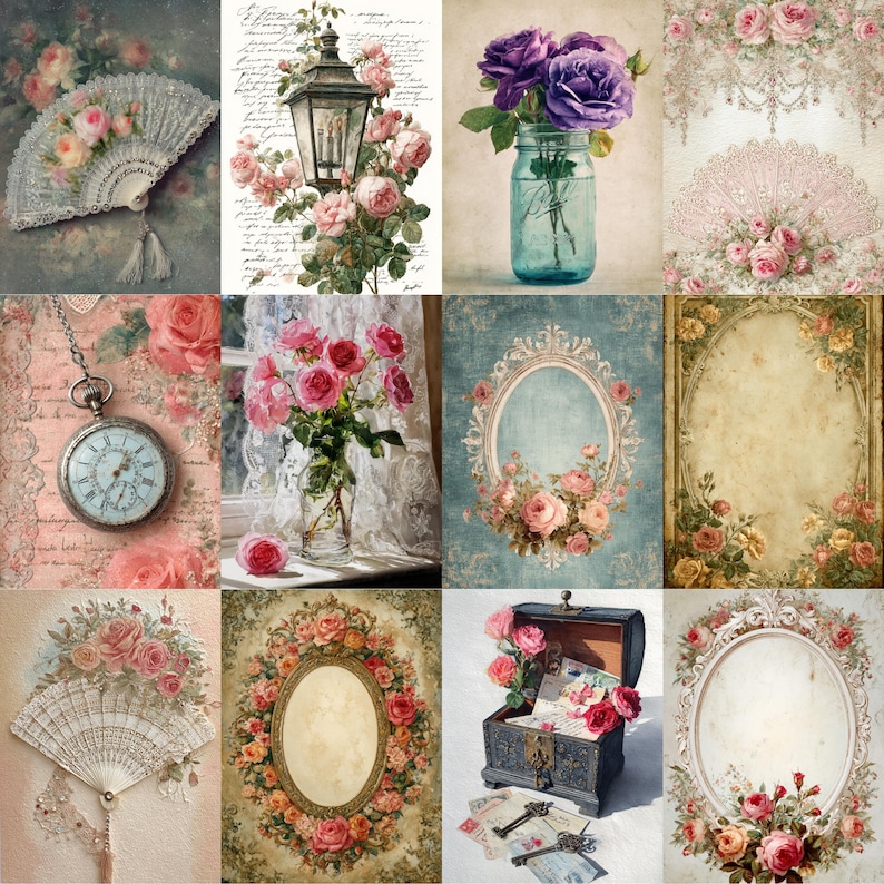 Victorian Shabby Chic Rose Digital Papers, Romantic Vintage Floral ...