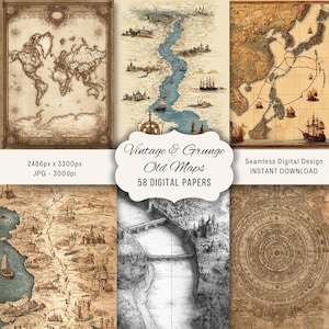 Puede incluir: Una colección de mapas de estilo vintage con una estética grunge. Los mapas presentan ilustraciones detalladas de continentes, ríos y costas, con barcos y otros elementos náuticos. La imagen incluye el texto "Vintage & Grunge Old Maps" y "58 Digital Papers".