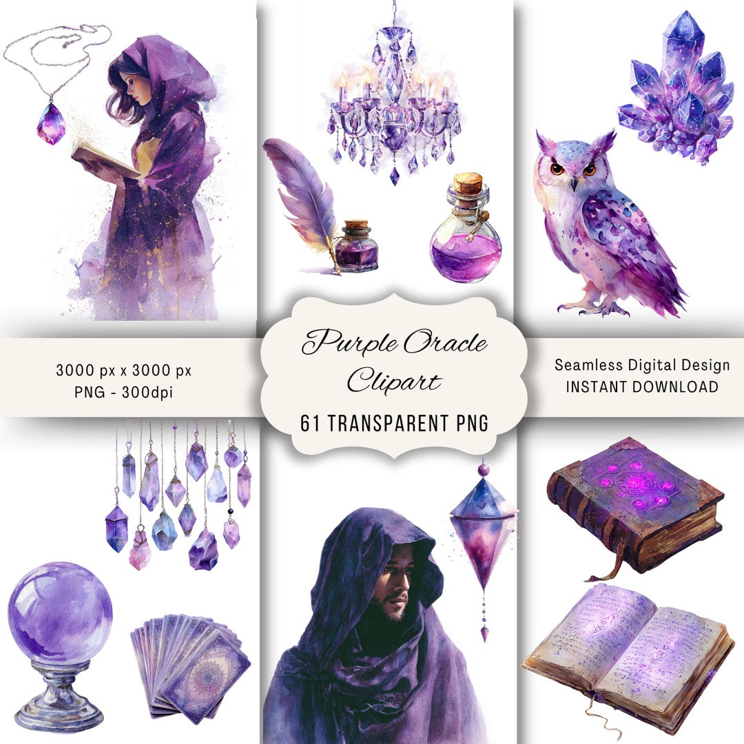 Purple Oracle Collection – Watercolor Mystical Clipart Set for ...