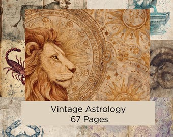 Zodiac Junk Journal Pages | Vintage Astrology Watercolor (Digital Paper Pack 67 Pages)