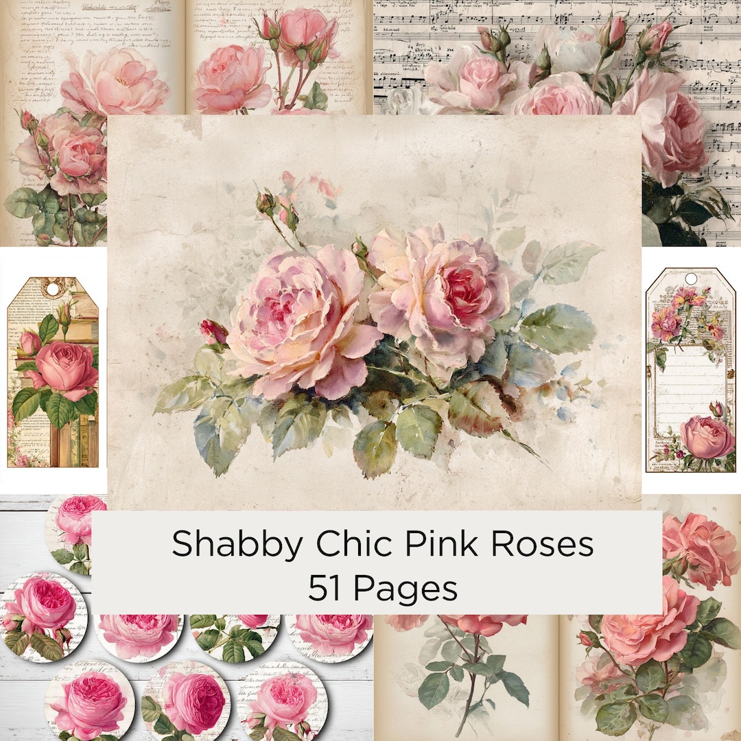 Shabby Chic Pink Roses Junk Journal Kit, Vintage Floral Ephemera ...