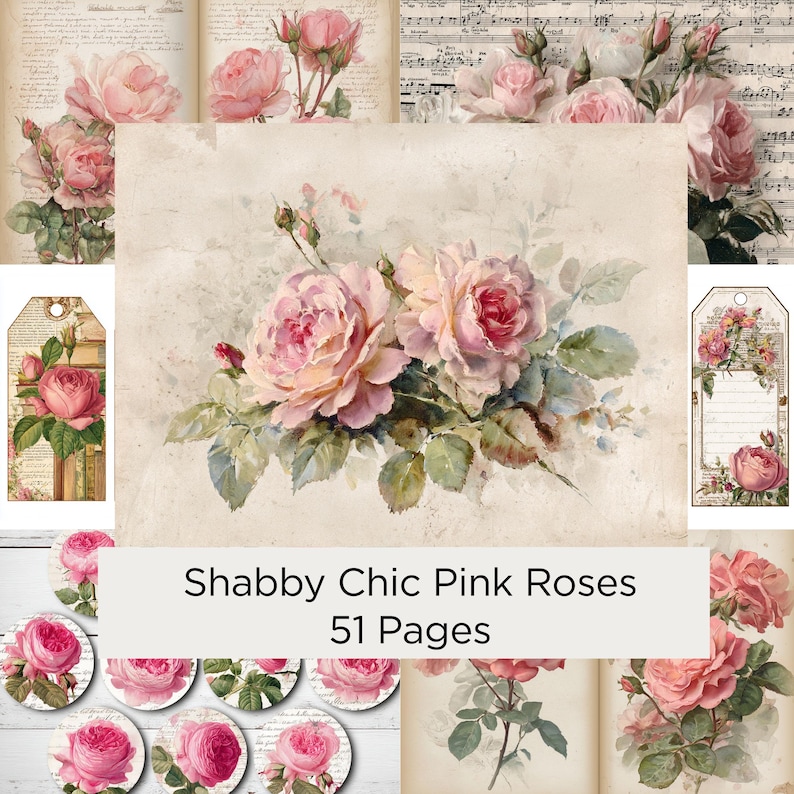 Shabby Chic Pink Roses Junk Journal Kit, Vintage Floral Ephemera ...