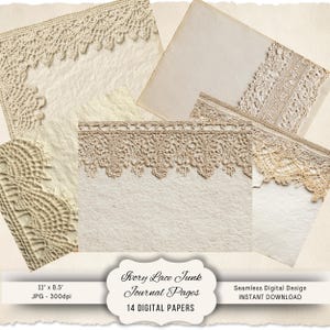 Op de afbeelding: Ivoren kanten journaalpagina's in vintage stijl. De afbeelding toont verschillende papieren vellen met delicate kanten randen. De pagina's meten 27,9 cm x 21,6 cm en zijn ontworpen voor digitaal gebruik. Het ontwerp bevat 14 digitale papieren.