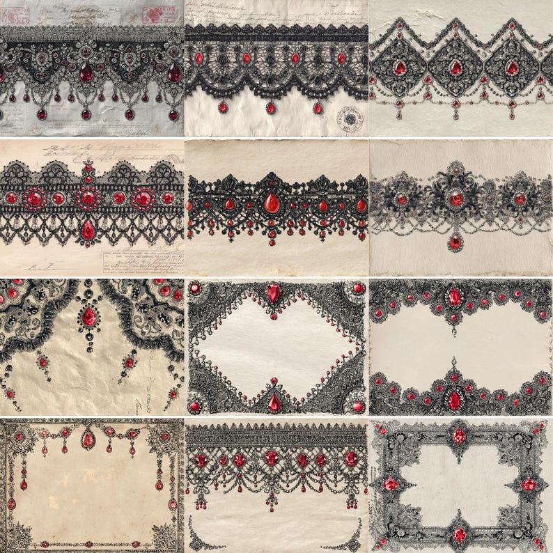 Lace Junk Journal Victorian Gothic Paper | Black Lace, Red Gems ...
