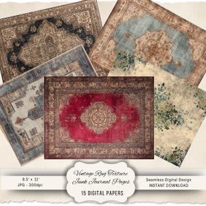 May include: A collection of vintage rug textures in various colors, including red, blue, and beige. The image features 15 digital papers with a seamless design, perfect for junk journals. Each paper is 8.5" x 11" and 300dpi.