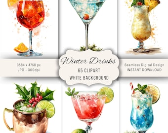 May include: Watercolor illustrations of six winter cocktails. The drinks are in various glasses, with garnishes like orange slices, berries, and lime. The image includes text that says "Winter Drinks" and "65 Clipart".