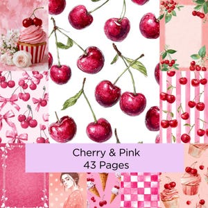 May include: A collage of pink and cherry-themed designs. Includes watercolor cherries, cupcakes, bows, and striped patterns. The text "Cherry & Pink 43 Pages" is displayed on a lavender banner.