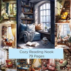 May include: Watercolour illustration of cosy reading nooks with bookshelves, armchairs, and window seats. The image features soft lighting, pillows, blankets, and open books. Text on the image reads "Cozy Reading Nook 79 Pages."
