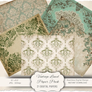 May include: A collection of vintage-style paper sheets in various shades of green, beige, and teal, featuring ornate damask patterns. The papers are 11" x 8.5" and part of a digital paper pack. The image includes the text "Vintage Lined Paper Pack" and "21 Digital Papers."