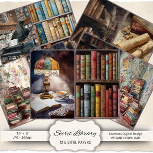 Peut inclure: Un collage d'illustrations à l'aquarelle représentant des livres anciens, des bibliothèques et un piano. Une image centrale montre une lampe, un livre ouvert et une tasse à thé. Le texte indique "Secret Library" et "12 Digital Papers". Le format du papier est de 21,59 cm x 27,94 cm.