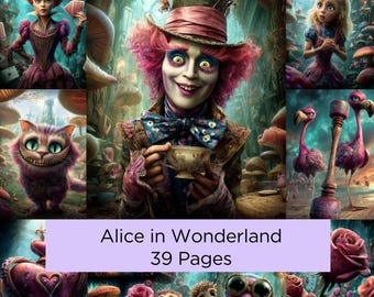 Alice in Wonderland Digital Paper Pack, Whimsical Fantasy (39 JPG)