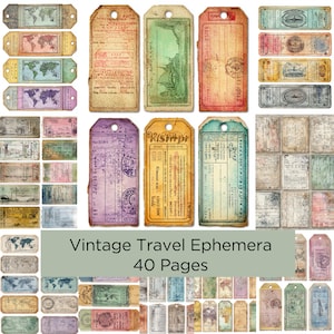 Könnte beinhalten: Eine Sammlung von Vintage-Reise-Ephemera, darunter Tickets und Anhänger, in verschiedenen Farben wie Beige, Grün, Rosa und Lila. Das Bild enthält den Text "Vintage Travel Ephemera 40 Pages."