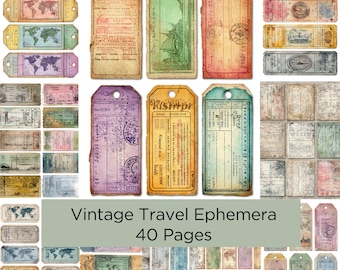 May include: A collection of vintage travel ephemera, including tickets and tags, in various colors such as beige, green, pink, and purple. The image includes the text "Vintage Travel Ephemera 40 Pages."