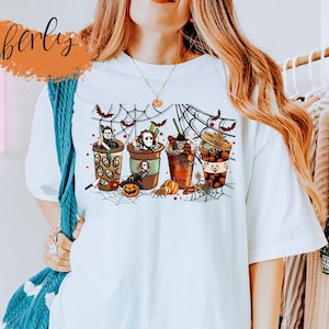 Horror Coffee Halloween Shirt, Spooky Coffee Cup Shirt, Horror Character Sweatshirt, Halloween Coffee Lover Gift, Retro Horror Killer Shirt