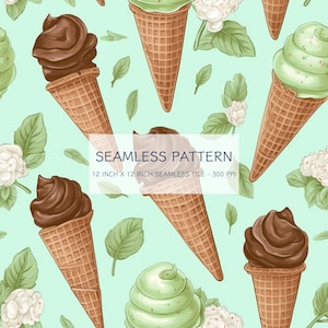 May include: A seamless pattern featuring alternating rows of chocolate and green ice cream cones on a light blue background. White flowers and green leaves are scattered throughout the pattern.