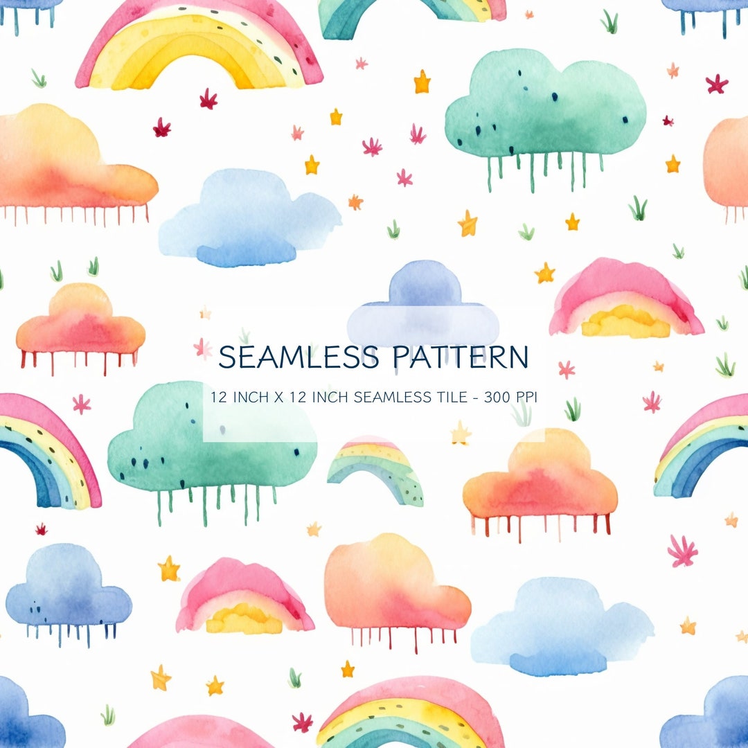 Rainbow Cloudscape Seamless Watercolor Pattern Digital Design Download ...