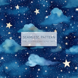 Puede incluir: Un patrón sin costuras con un fondo azul oscuro, estrellas blancas y nubes azul claro. El texto "SEAMLESS PATTERN 12 INCH X 12 INCH SEAMLESS TILE - 300 PPI" está en el centro de la imagen.