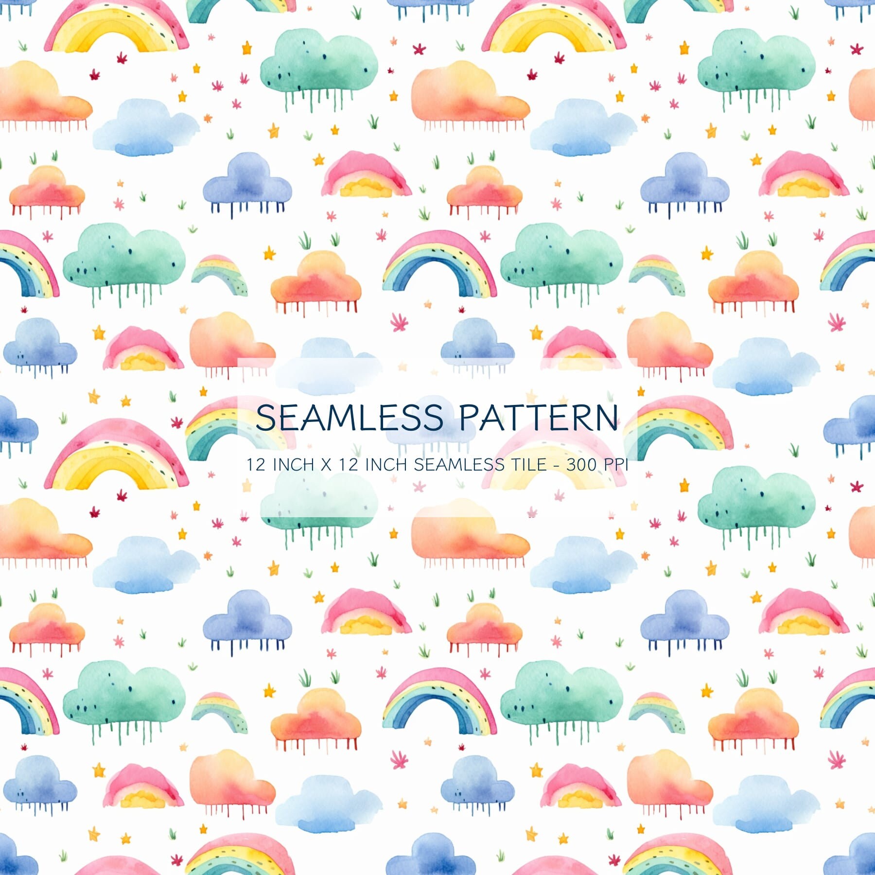 Rainbow Cloudscape Seamless Watercolor Pattern Digital Design Download ...