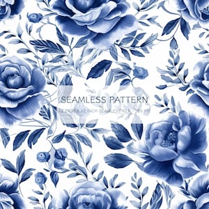 May include: A seamless pattern featuring blue watercolor roses and leaves on a white background. The pattern is 12 inches by 12 inches and has a resolution of 300 pixels per inch.  The text "SEAMLESS PATTERN" and "12 INCH X 12 INCH SEAMLESS TILE - 300 PPI" is included in the image.