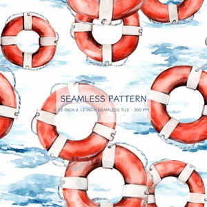 Ocean Lifebuoy Seamless Watercolor Pattern Digital Design Download, Digital Print, Seamless watercolor pattern, PNG, sublimation