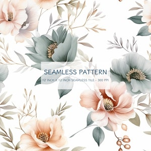 May include: A seamless pattern featuring delicate blush pink and sage green flowers with a white background. The pattern is 12 inches by 12 inches and 300 DPI.