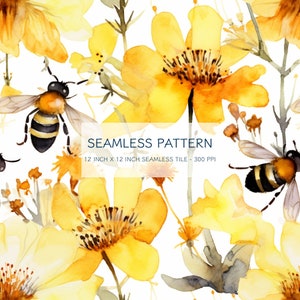 Dancing Honey Bees Seamless Watercolor Pattern Digital Design Download, Seamless Digital Print, Seamless pattern, PNG, sublimation