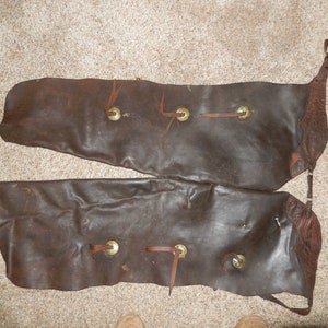 May include: A pair of brown leather chaps with decorative stitching and brass buckles. The chaps have a strap with a buckle on the side.