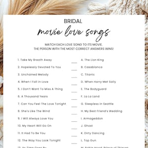 Bridal Love Songs Match Game, Movie Song Trivia, Bridal Shower Game, Minimalist Bridal Game, Editable Digital Download, Instant Download