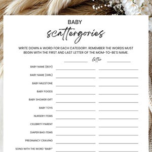 Minimalistische Baby Scattergories, Baby Shower Scattergories, Baby Shower Game, bewerkbare digitale download, Canva-sjabloon, Instant Download