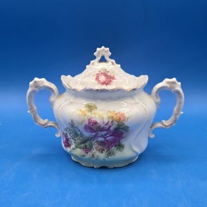 Vintage Floral Sugar Bowl with Lid | Shabby Cottage Kitchen Decor | Porcelain Sugar Dish | Antique Flower Pattern Bowl