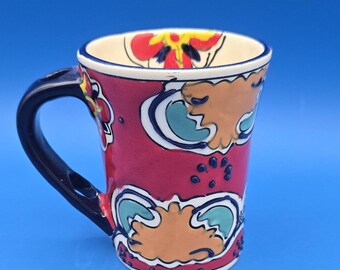 Rare Red Talavera Coffee Cup – Hand-Painted Mexican Folk Art Mug