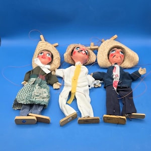 Vintage Puppets Set, Colorful Mexican Marionettes with Wooden String Dolls