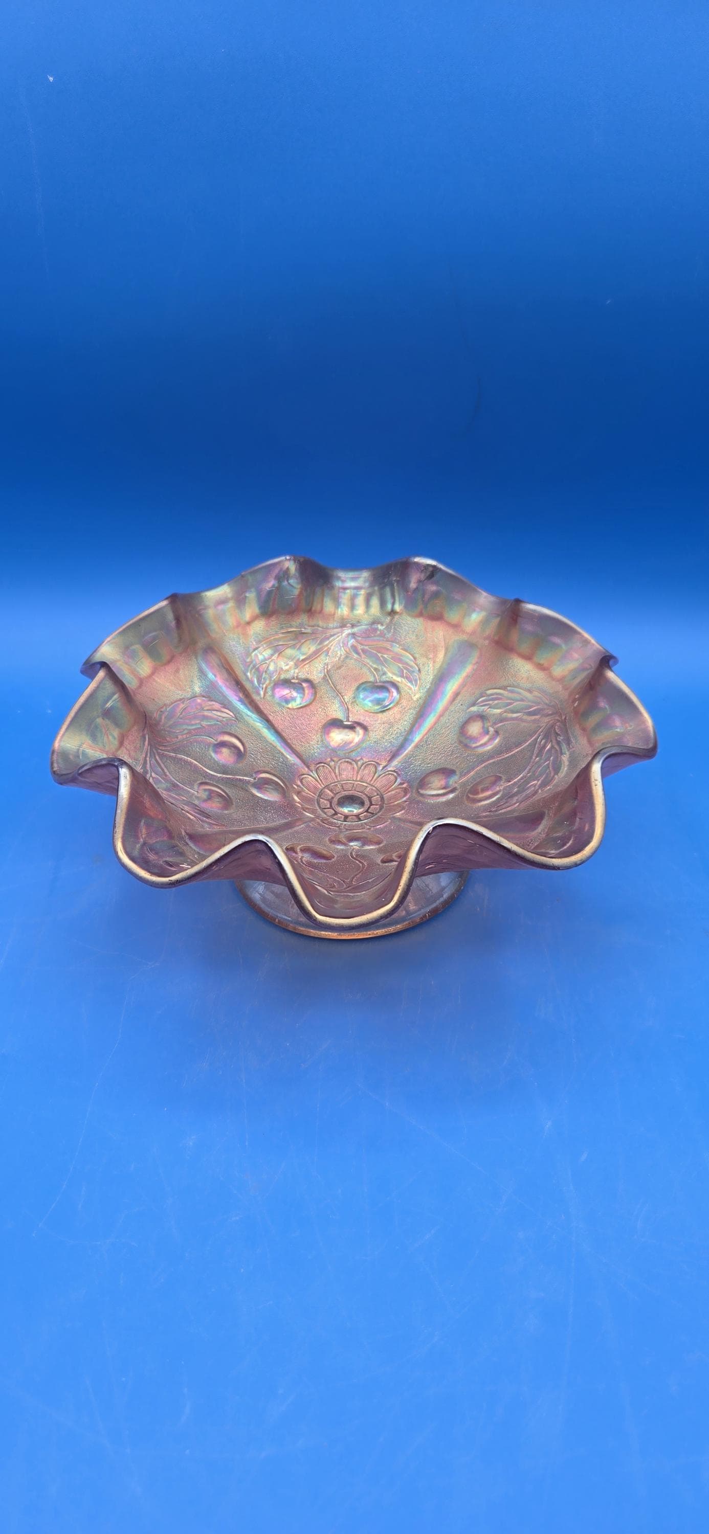 Vintage Dugan Carnival Glass Bowl | Marigold Weeping Cherry Pattern | Clear Base | Antique Glass Collectible
