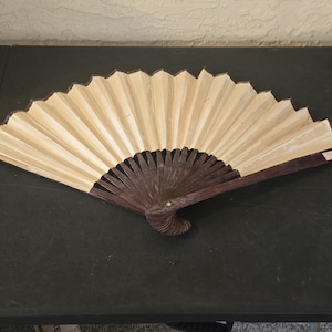 Large Antique Chinese Wall Fan | Paper & Wood Folding Fan | PRC Decorative Art Fan | Vintage Oriental Wall Decor