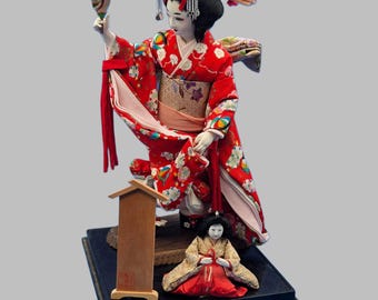 Vintage Large 16&quot; Geisha Girl Doll with Miniature Doll, Handcrafted Collectible Figurine for Home Decor, Unique Japanese Gift