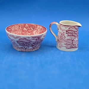 Vintage English Scenery Pitcher Set, Woods & Sons Red Transferware