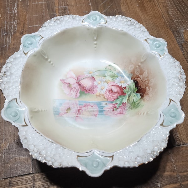 RS Prussia Porcelain Bowl Pearl Luster Reflecting Poppies & Daisies