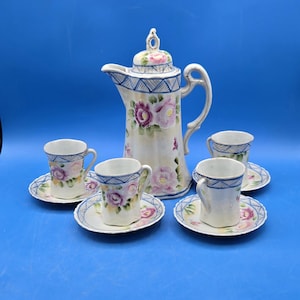 Vintage Handbemaltes Japanisches Tee-Set für 4 Personen - Teetassen mit Untertassen - Porzellan Made in Japan - Mid Century asiatisches Tee-Service - Florales Design