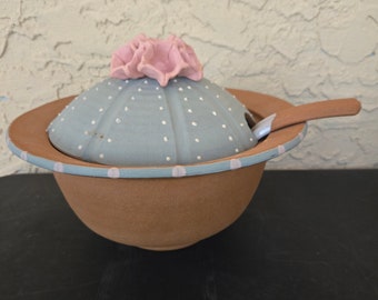 VTG Signed Dana Art Southwest Serving Bowl, Handcrafted Large Cactus Pottery with Ladle, Rustic Dining Table Gift