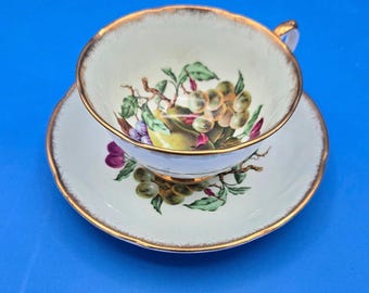 Vintage Teacup and Saucer Set, Royal Grafton Bone China with Fruit Design