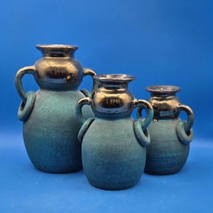 Vintage Pottery Jugs Set of 3, Handcrafted Mexican Ceramic Jars for Home Decor & Rustic Gift