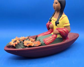 Vintage Figurine, Hand Painted Ceramic Hispanic Woman in Flower Boat