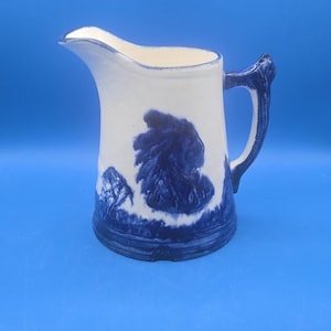 Antique Pitcher, Sleepy Eye Pottery with Blue Rim, 8" Stoneware