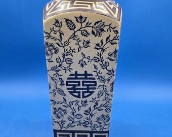 Vintage Flower Vase, Blue Floral Ceramic with Square Design