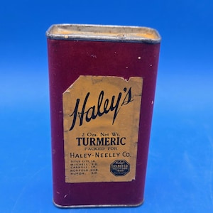 Vintage Haleys Turmeric Gewürzdose - Seltene Gelbe Metall Gewürzdose - Retro Werbung Küche Sammlerstück!