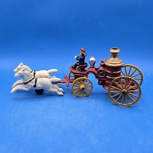 Antique Cast Iron Horse Drawn Fire Engine Pump Truck | Vintage Fire Truck Toy | Original Paint | Early 1900s Collectible